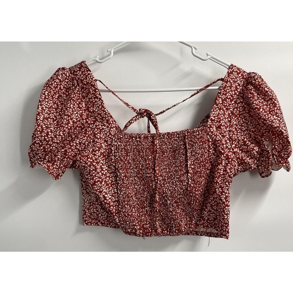 SHEIN Rust & White Floral Crop Front Cut Out Tie Puff Sleeves Cottage Top Size M - Picture 5 of 6